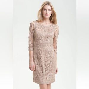 Sue Wong Nocturne Crochet Lace ribbon and rosette mesh sheath Beige dress size 2